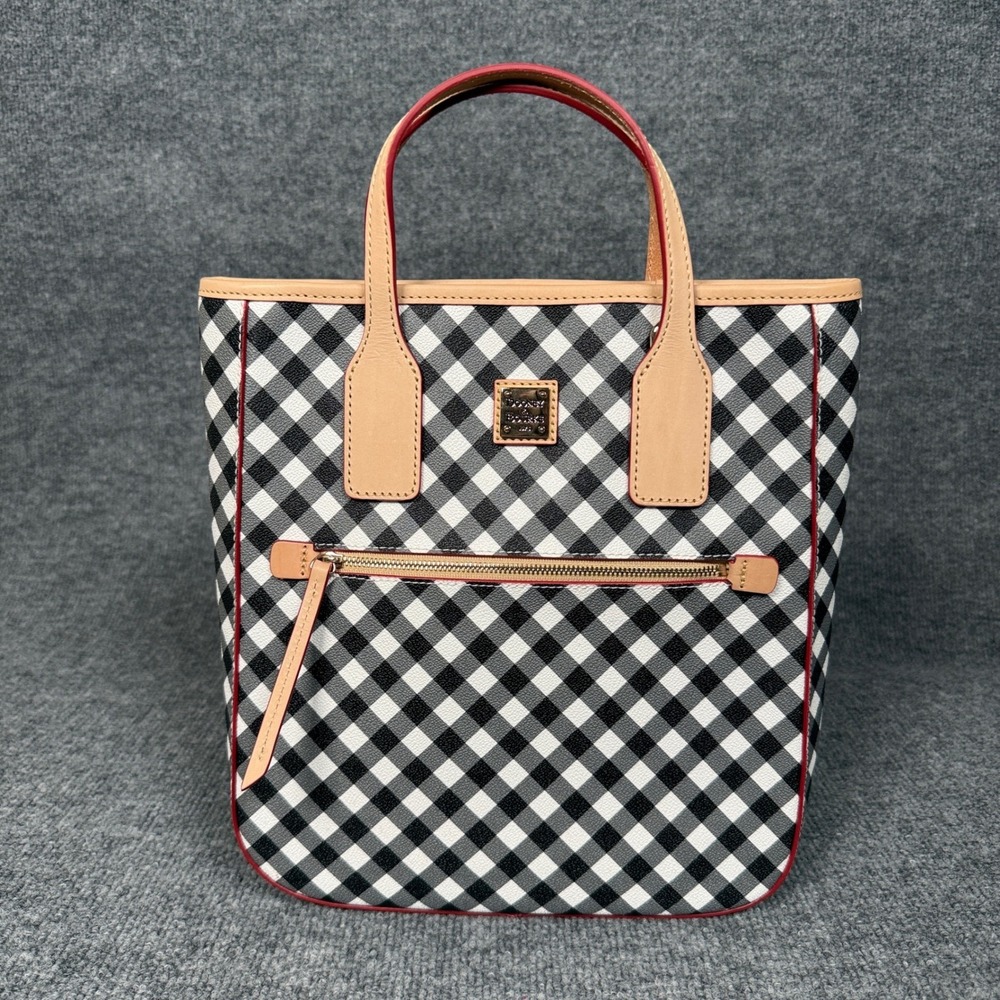 Dooney & Bourke Coated Cotton Gingham Handle Tote  Black White Removable Strap